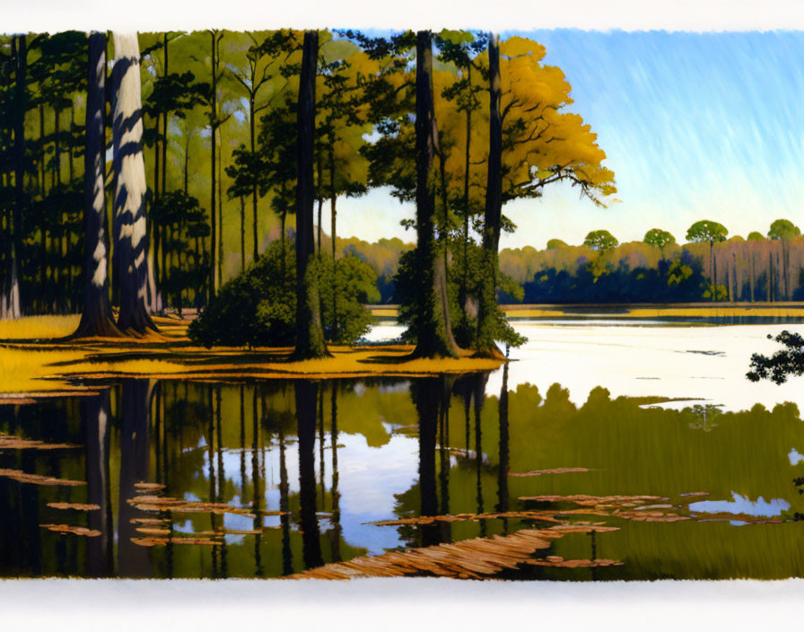 Tranquil Lake Scene with Tall Trees and Greenery