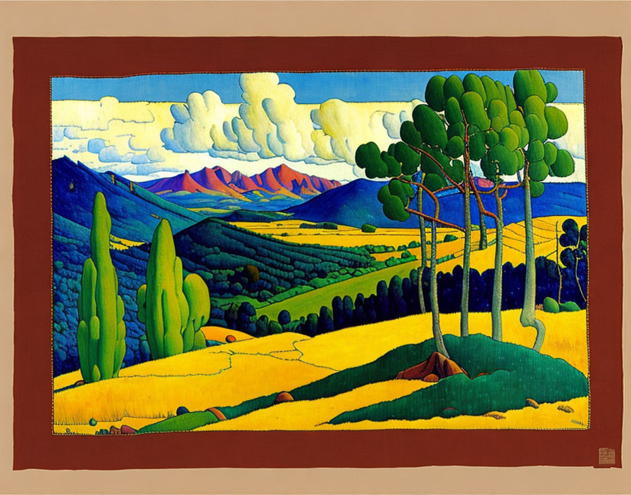 Colorful landscape painting with stylized trees and rolling hills in a brown frame