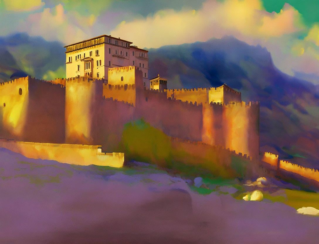 Majestic castle on hill with dramatic sky in digital painting