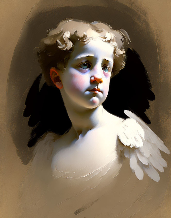 Portrait of angelic figure with curly hair, white wings, soft glow, contemplative expression
