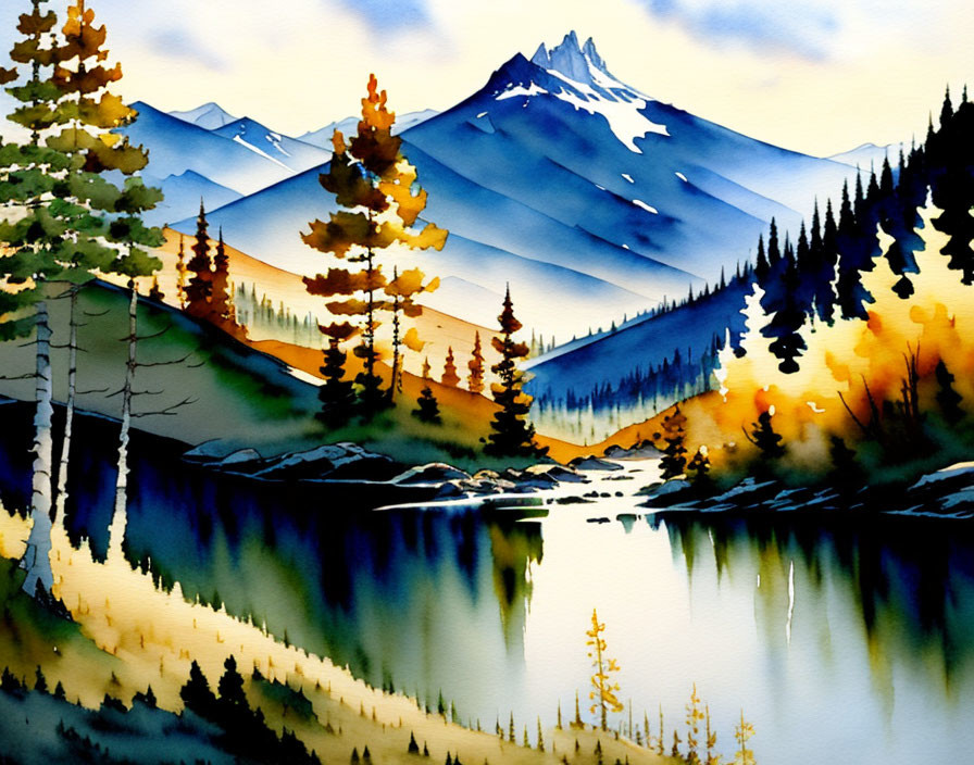 Serene Mountain Landscape Watercolor Painting