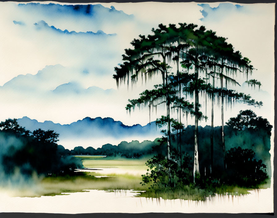 Tranquil watercolor painting of lush greenery, towering trees, serene lake, misty mountains
