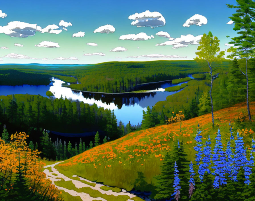 Colorful River Landscape with Forests, Sky, and Meadow Path