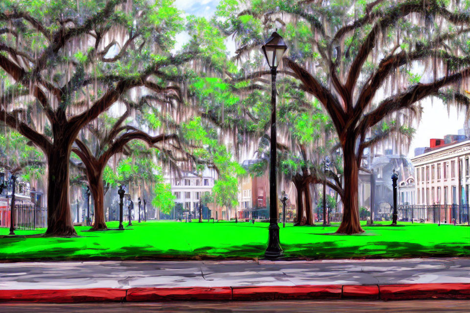 Lush Green Park with Majestic Trees and Street Lamp