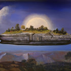 Floating Island Resembling Spaceship with Moon and Mountainous Terrain