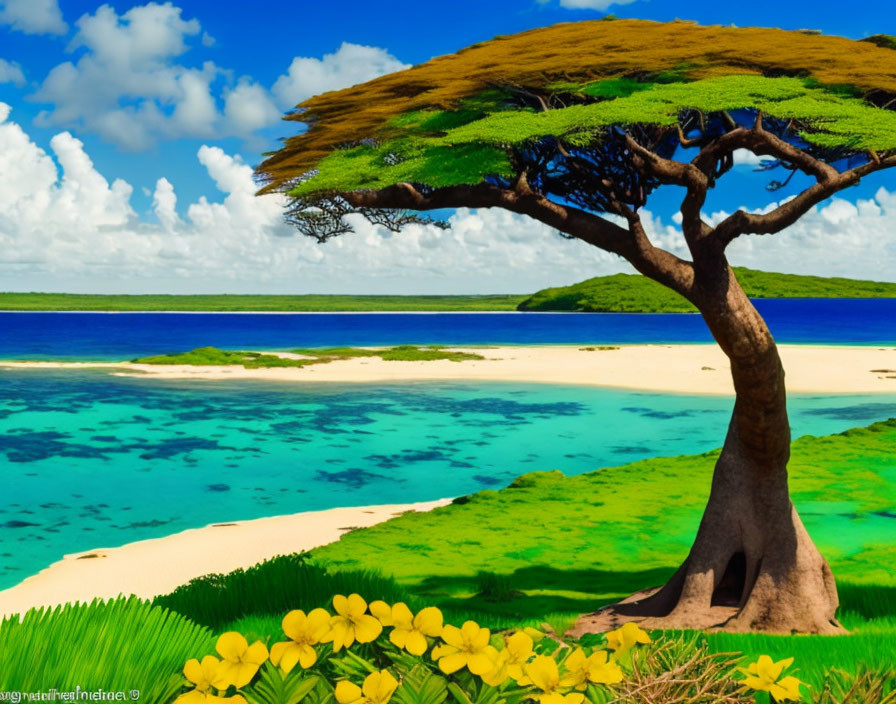 Scenic coastal view with umbrella-shaped tree, yellow flowers, and turquoise sea