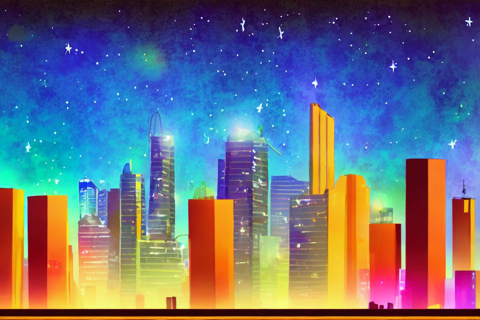 Vibrant cityscape illustration: night scene with skyscrapers and starry sky