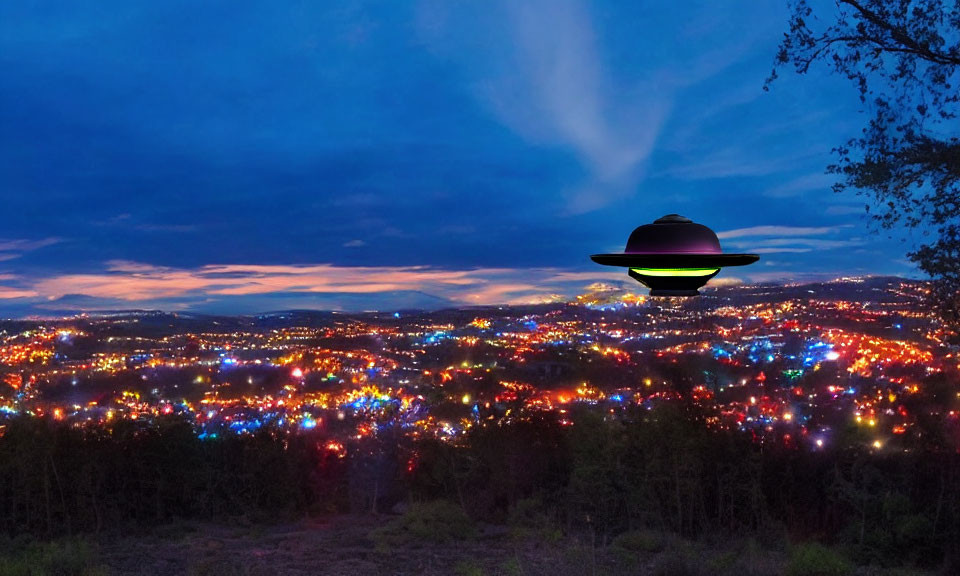 Vibrant twilight cityscape with UFO beaming light over illuminated town