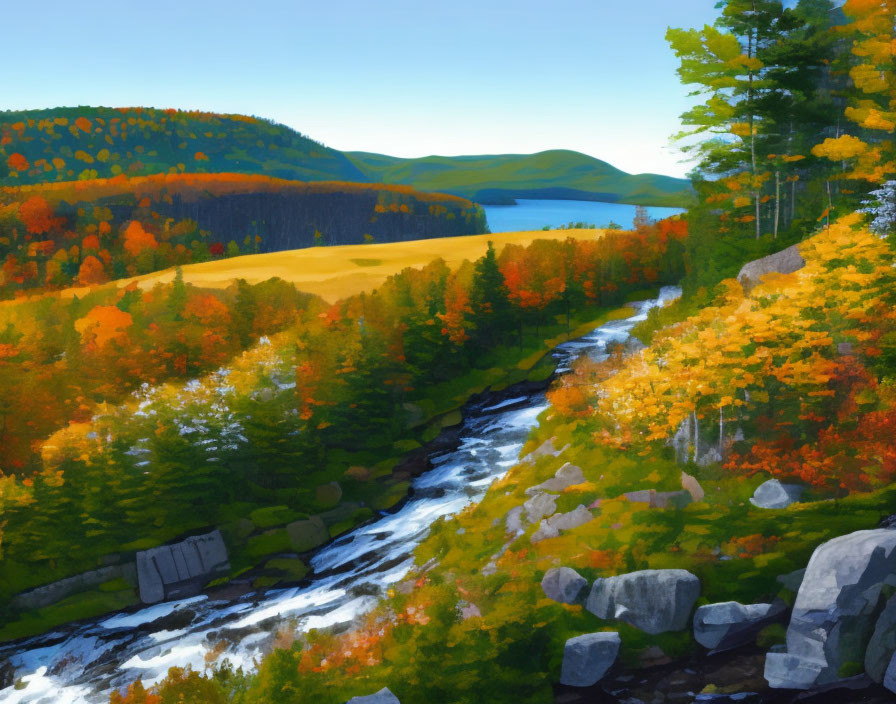 Colorful Autumn Landscape: River, Trees, Lake, Hills, Blue Sky