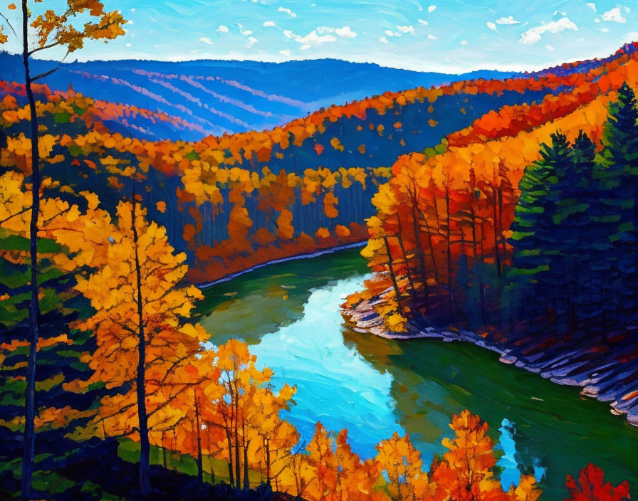 Impressionistic autumn forest painting with river, hills, and blue sky