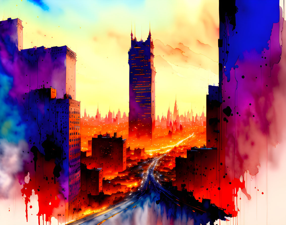 Nightmare City watercolor landscape VerY GooD-Best