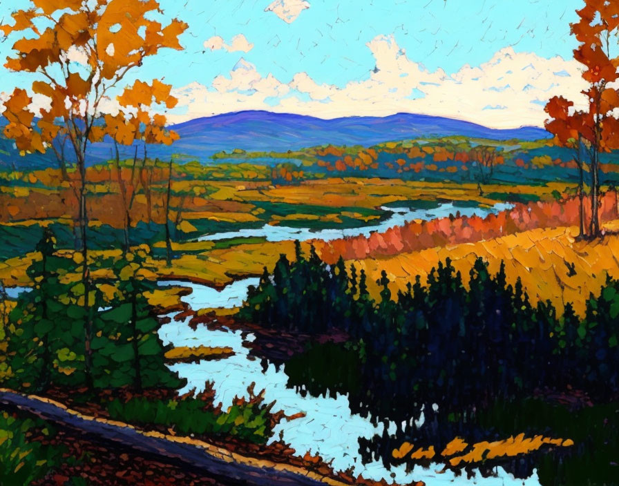 Vibrant Autumn Landscape Painting with Trees, River, and Hills
