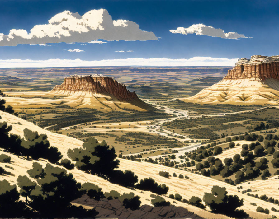 Majestic mesa formations and scenic road in lush landscape