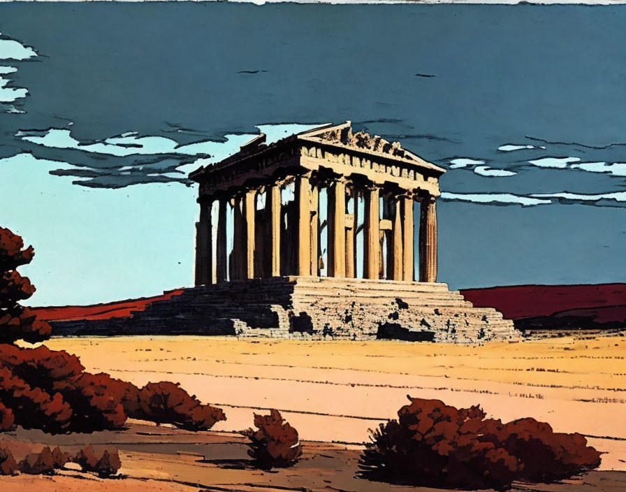 Ancient Greek temple with classical columns in barren desert landscape