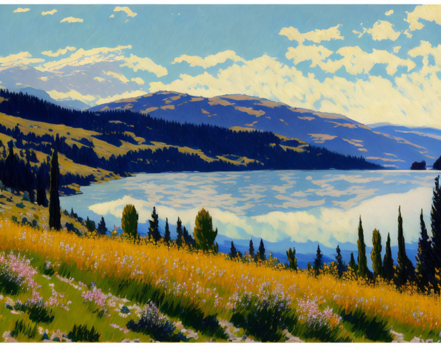 Scenic landscape painting of lake, forested hills, and wildflowers