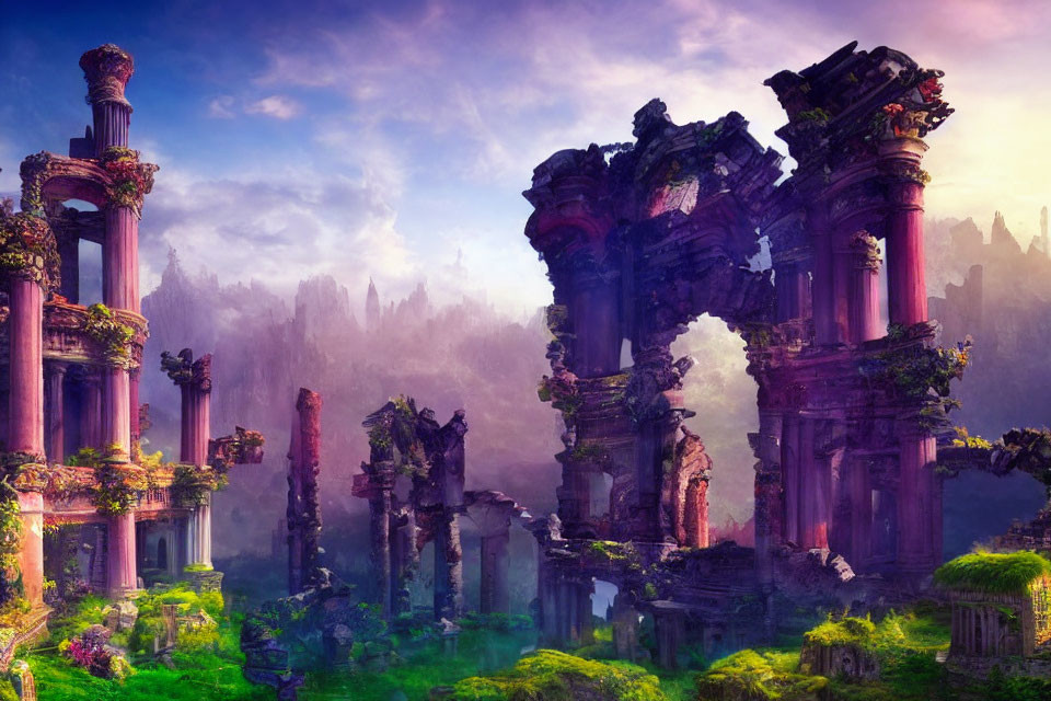 Fantastical landscape with ancient ruins and vibrant purple foliage