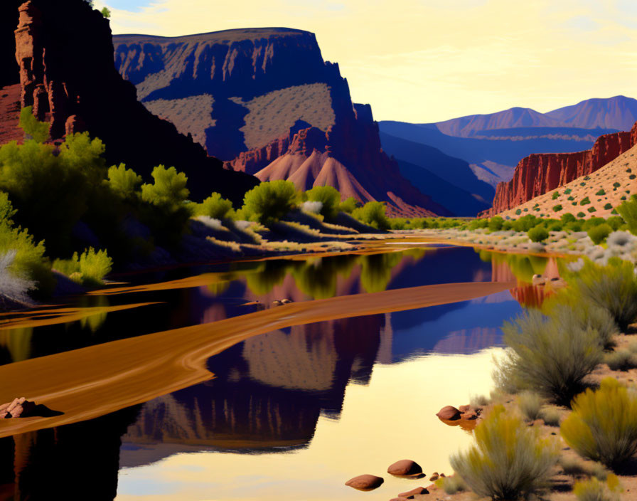 Tranquil desert landscape with serene river and red cliffs