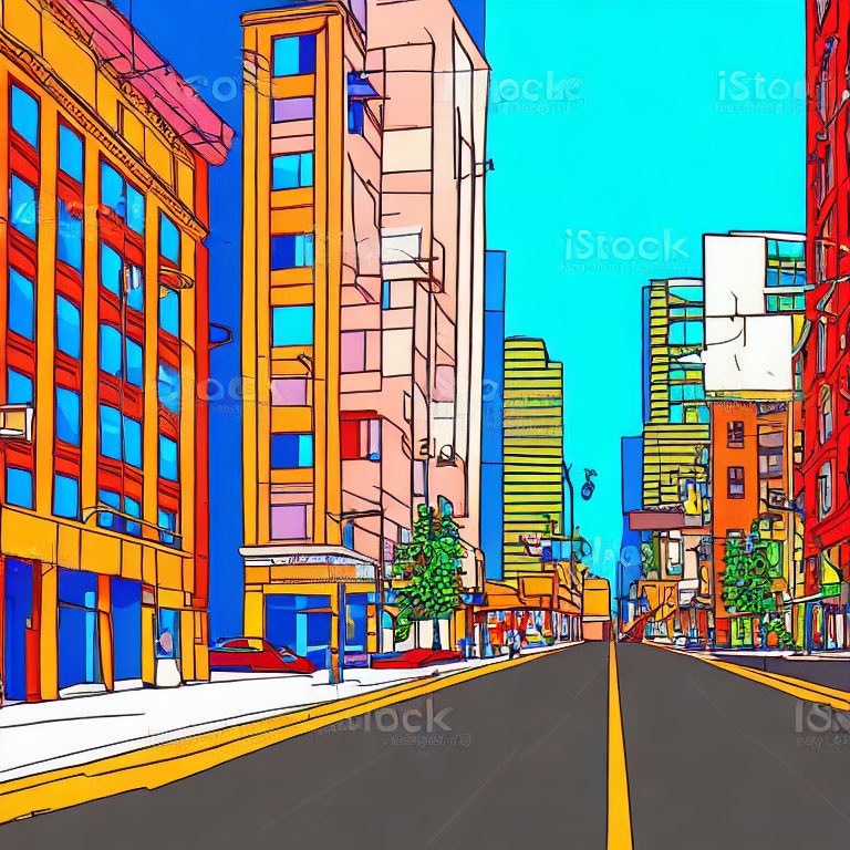 Vibrant urban street scene with colorful stylized buildings