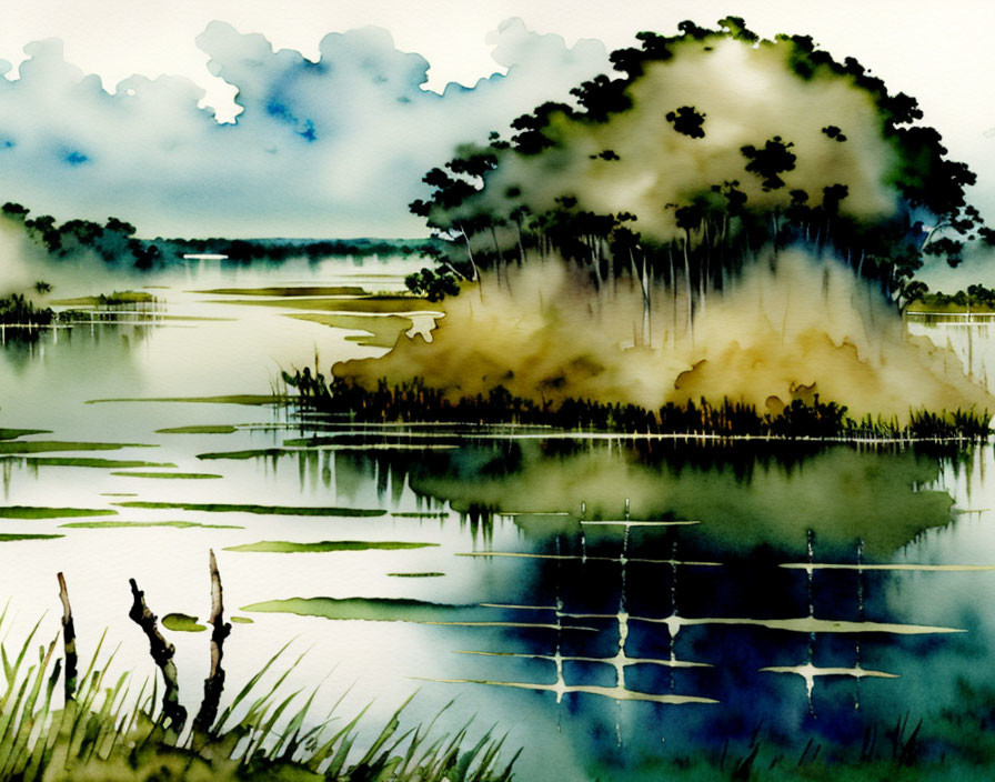 Serene lakeside landscape watercolor with lush greenery and reflective surface
