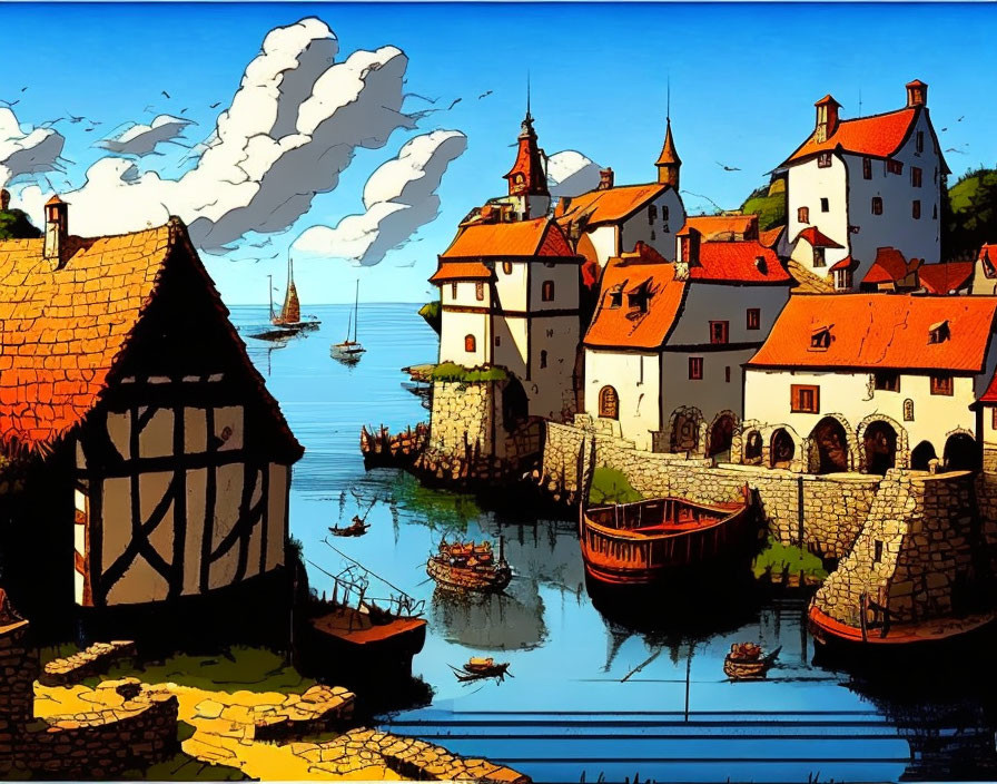 Colorful medieval coastal village digital artwork with boats and blue skies