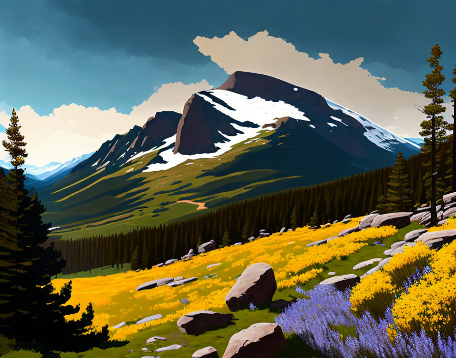 Colorful digital artwork: Snowy mountain peaks, wildflowers, pine trees, boulders