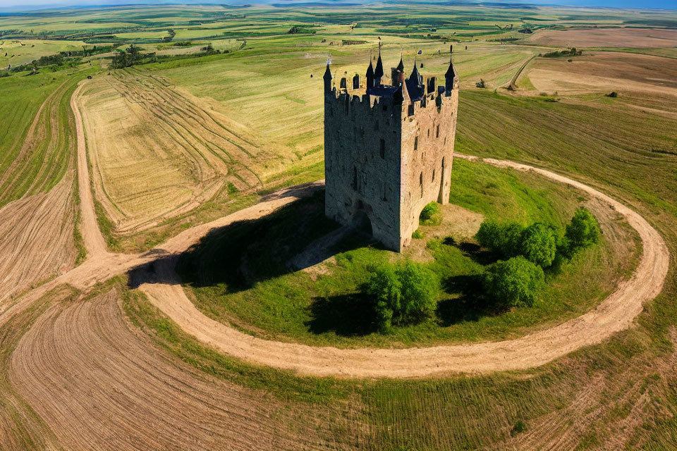 Isolated Medieval Tower with Circular Earthen Wall in Agricultural Fields