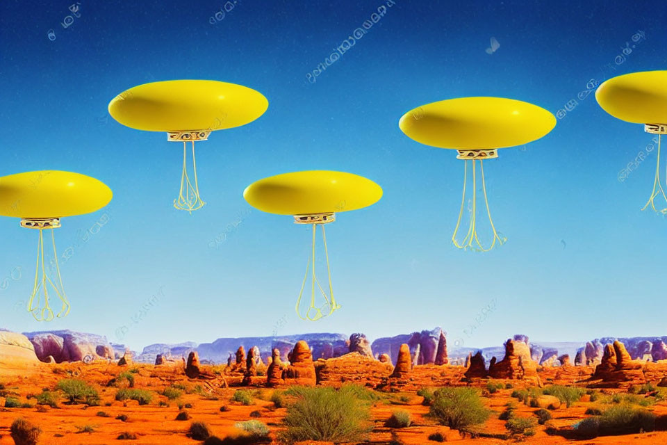 Vibrant surreal desert landscape with flying jellyfish-like objects