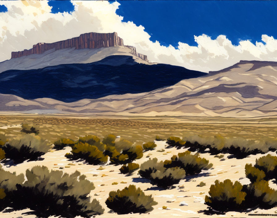 Desert Landscape Painting with Mesa and Shrubs