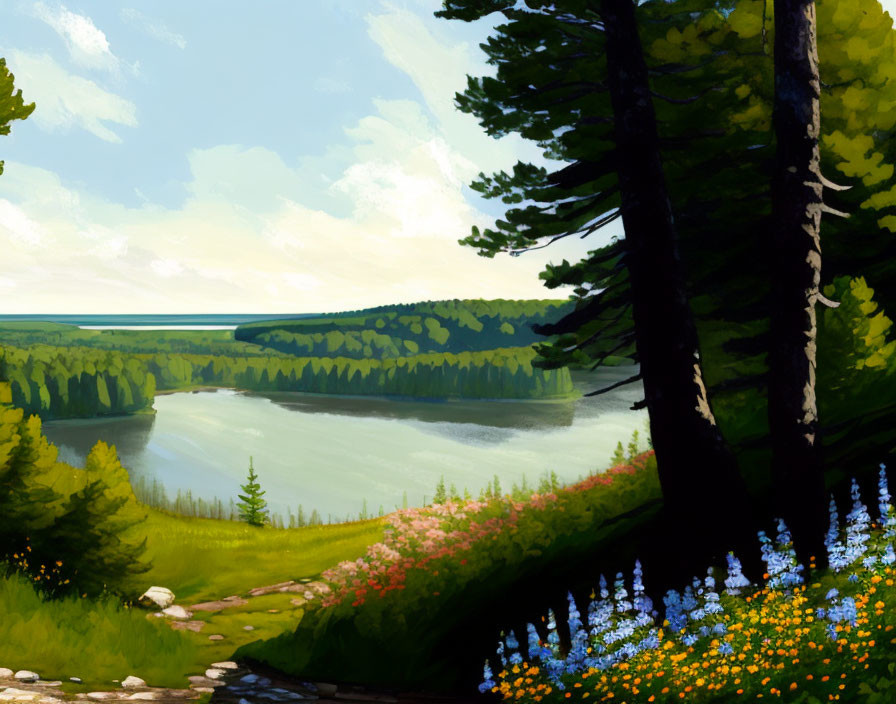 Serene lake landscape with lush forests and wildflowers