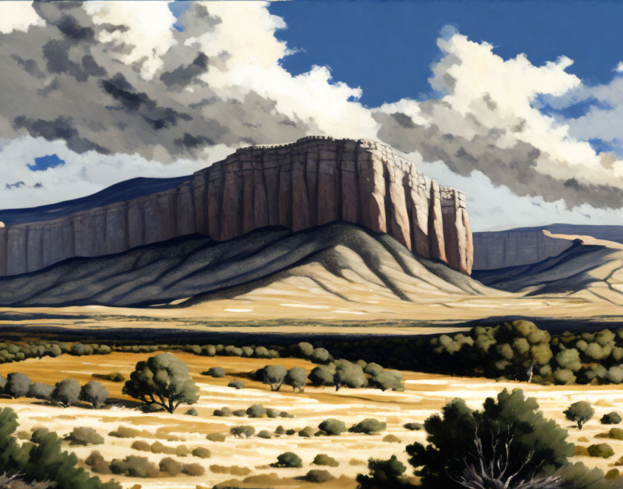Desert landscape painting with mesa and cloudy sky