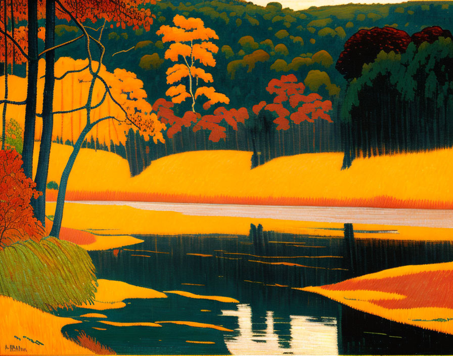Vibrant autumn landscape with orange and yellow trees by a calm river