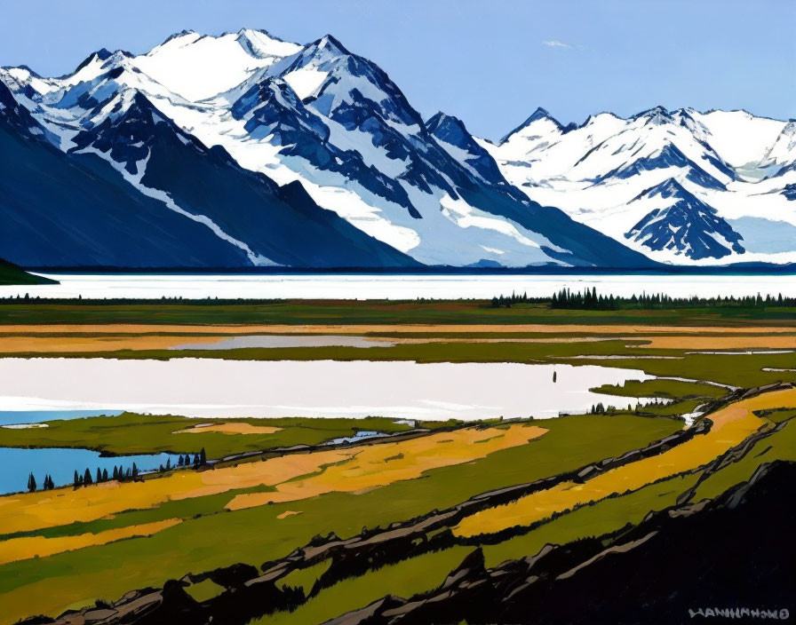 Vibrant landscape painting: snowy mountains, blue lake, green fields, winding path.