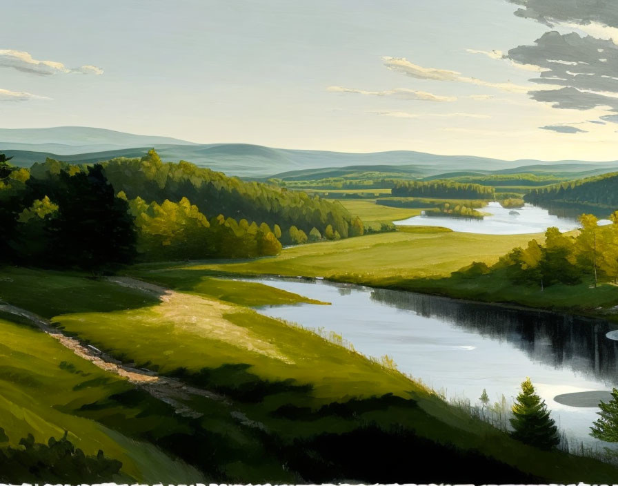 Tranquil landscape: river, green hills, cloudy sky, late afternoon light