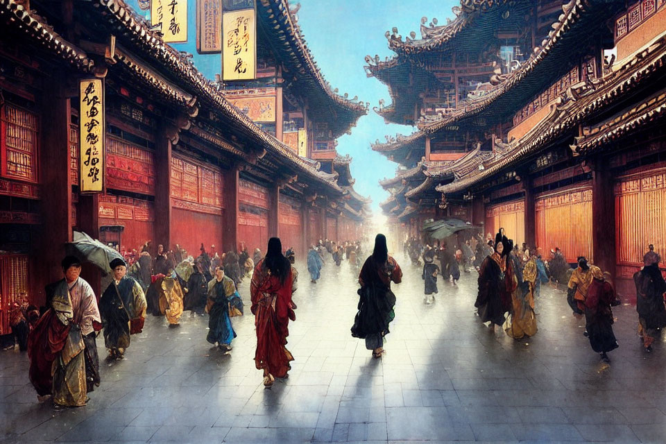 Traditional Chinese street scene with ornate buildings and people in traditional attire.