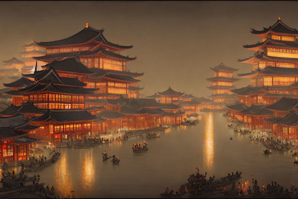Night scene of Asian architecture by illuminated water canal