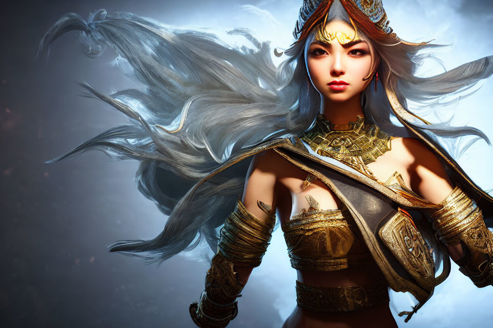 Digital artwork: Female character with silver hair, golden armor, and mystical face markings in moody sky