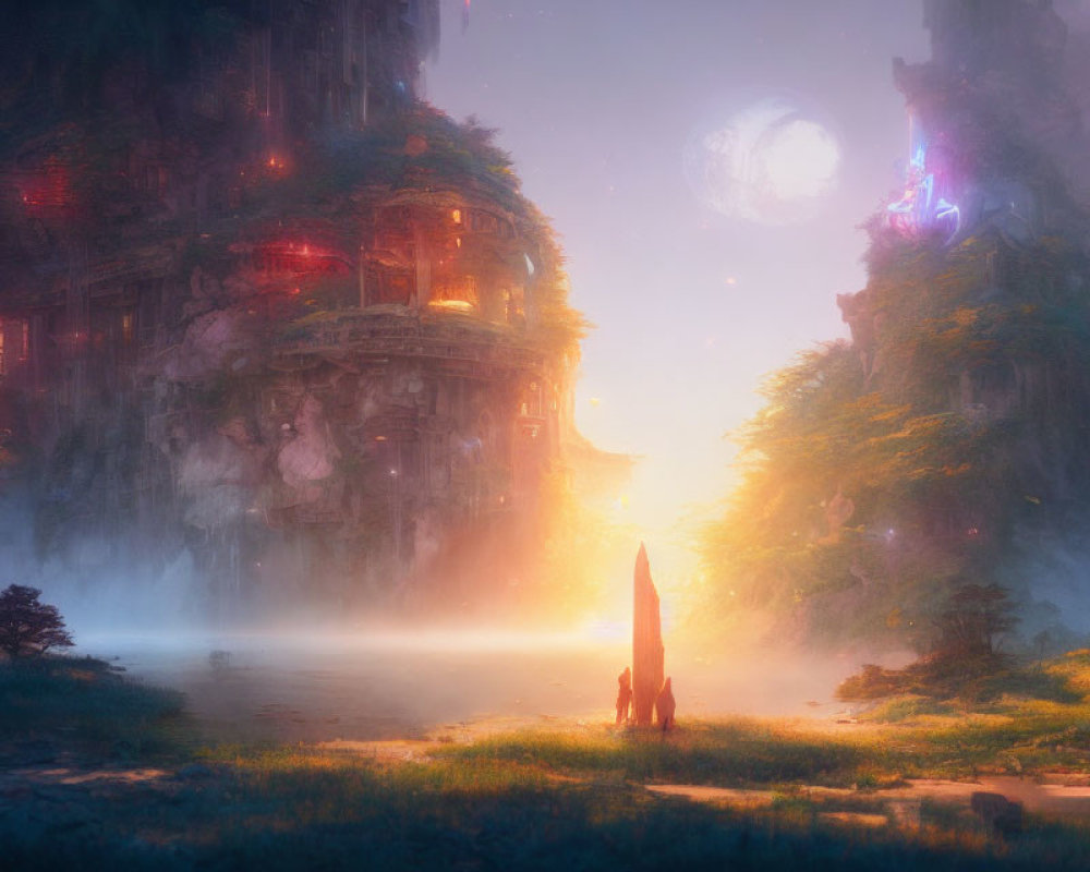 Mystical sunset landscape with ancient ruins, moon, and figure