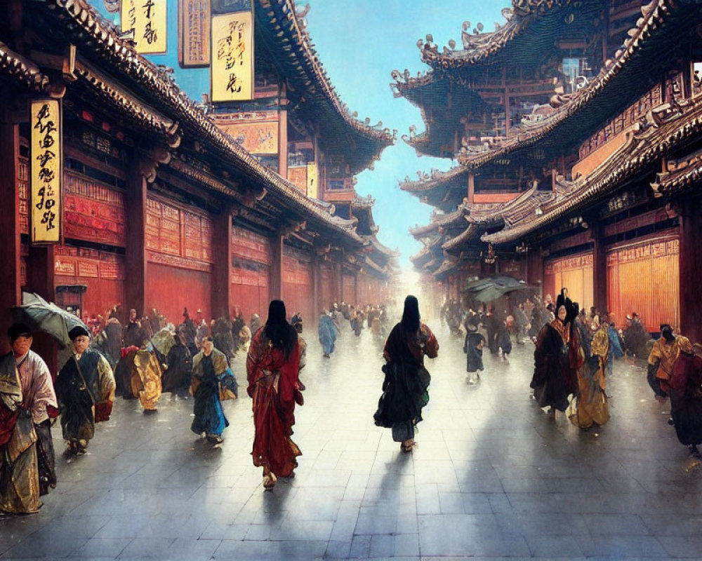 Traditional Chinese street scene with ornate buildings and people in traditional attire.