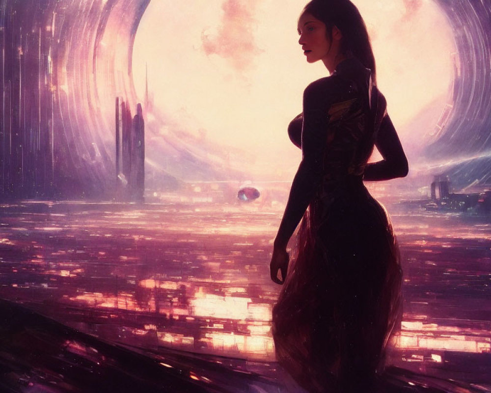 Woman standing in foreground at vibrant spaceport with spacecraft and cosmic backdrop in purple hues