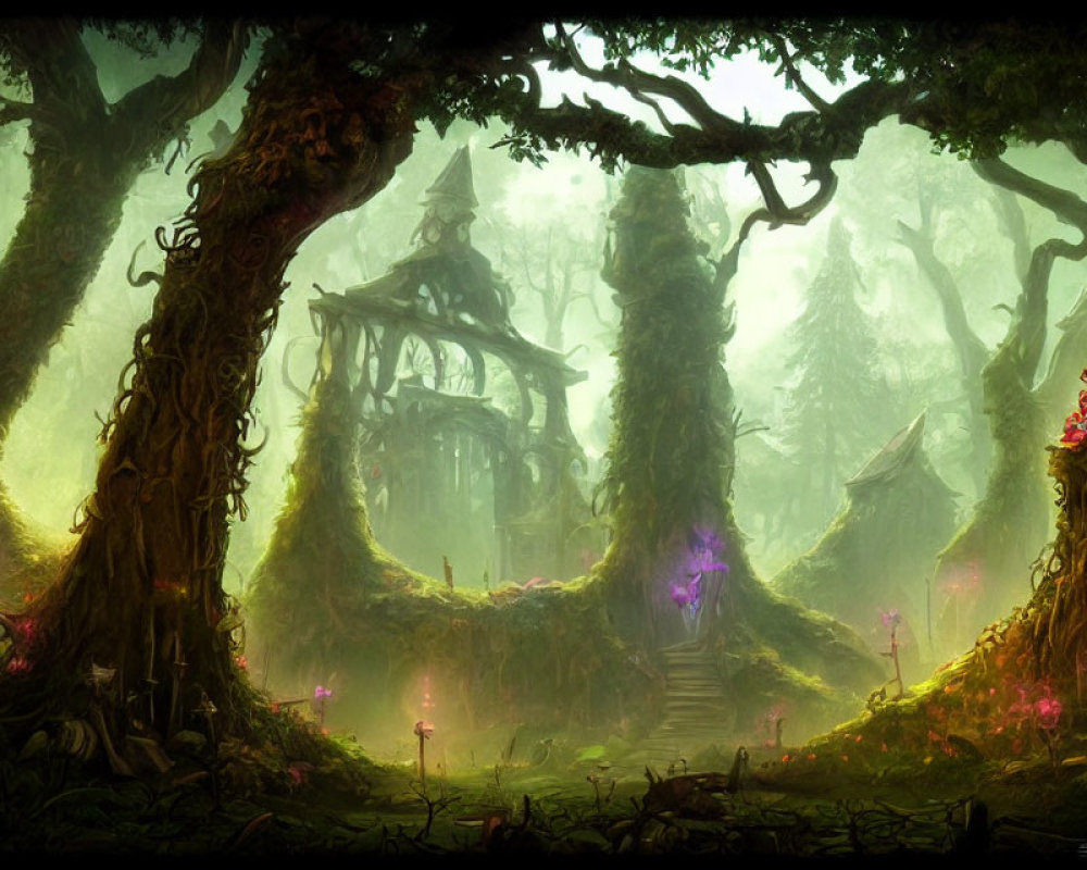 Mystical forest with old trees, glowing plants, and stone stairway