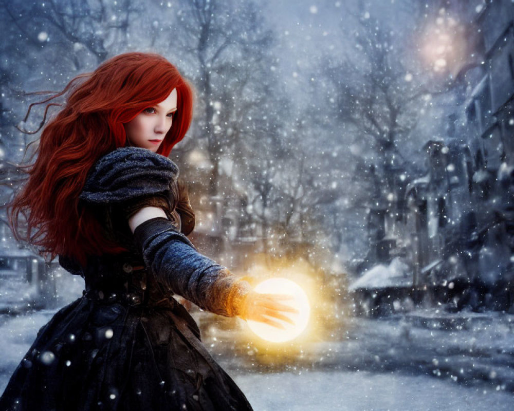 Red-haired woman with glowing orb in snowy landscape