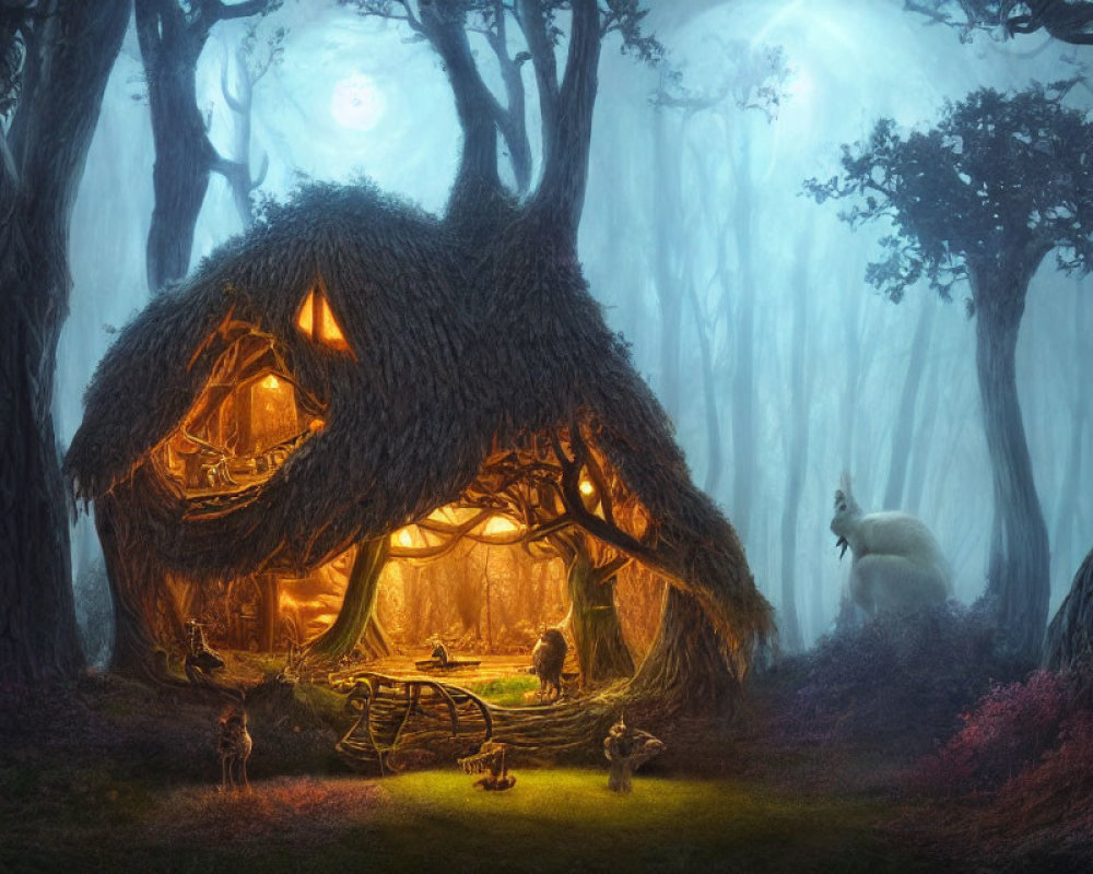 Mystical thatched-roof cottage in enchanted forest with curious creature and flora
