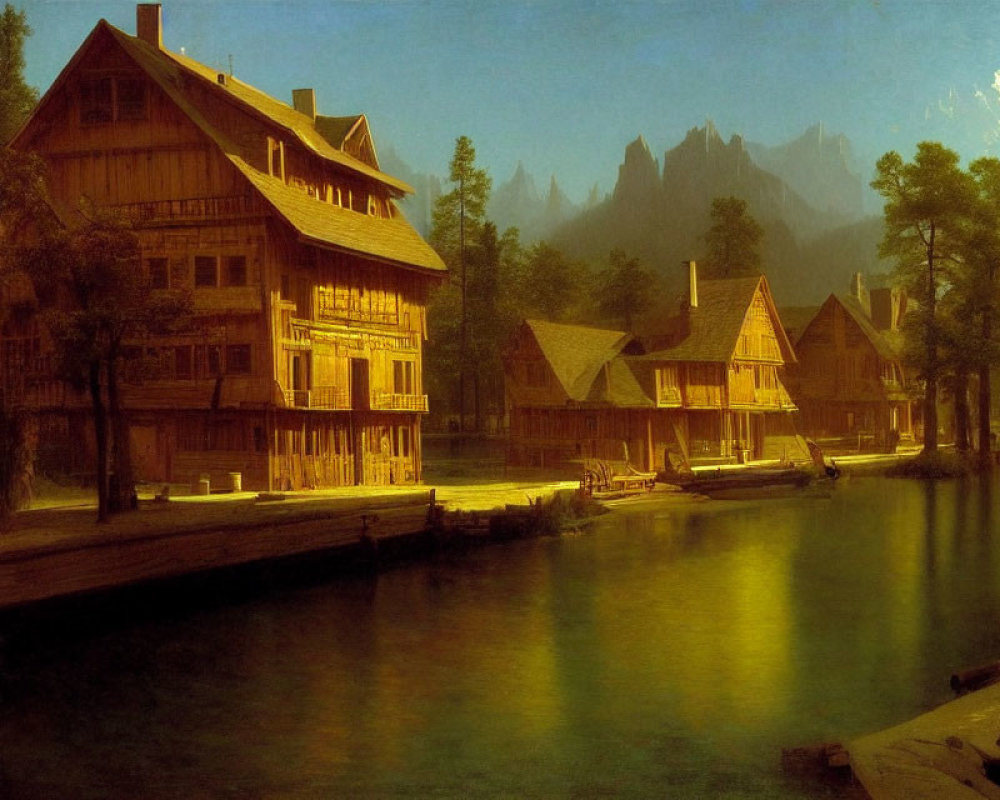 Rustic wooden houses by calm river under warm sunlight.