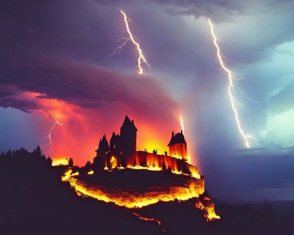 Silhouetted castle on hill with lightning bolts and fiery glow against dramatic sky