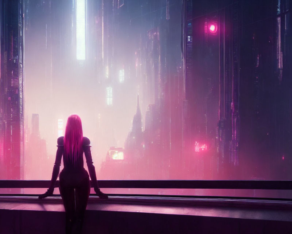 Futuristic cityscape with pink and blue neon lights