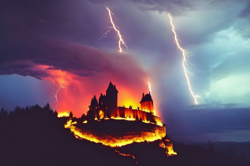 Silhouetted castle on hill with lightning bolts and fiery glow against dramatic sky