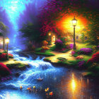 Colorful landscape with serene river, ducks, lanterns, and cottages