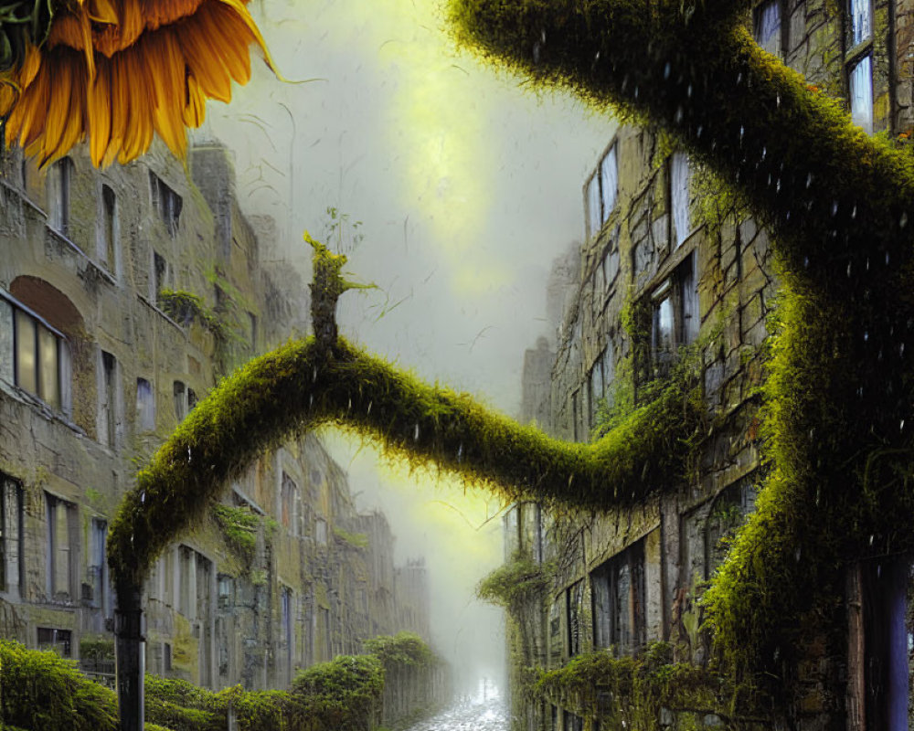 Surreal cobblestone alley with giant sundew arch and sunflowers in mystical fog