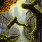 Surreal cobblestone alley with giant sundew arch and sunflowers in mystical fog