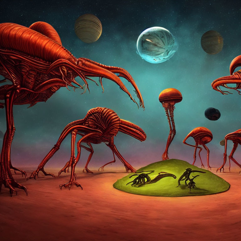 Surreal alien landscape with giant insects and moons